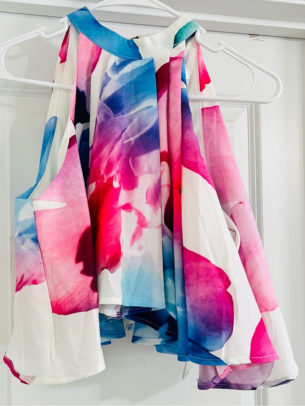 Floral Watercolor A-Line Crop Top in Pink & Blue